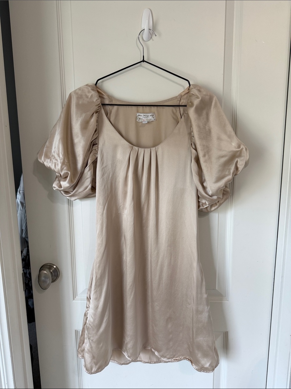 Silky Puff Sleeve Mini Dress in Beige with pockets